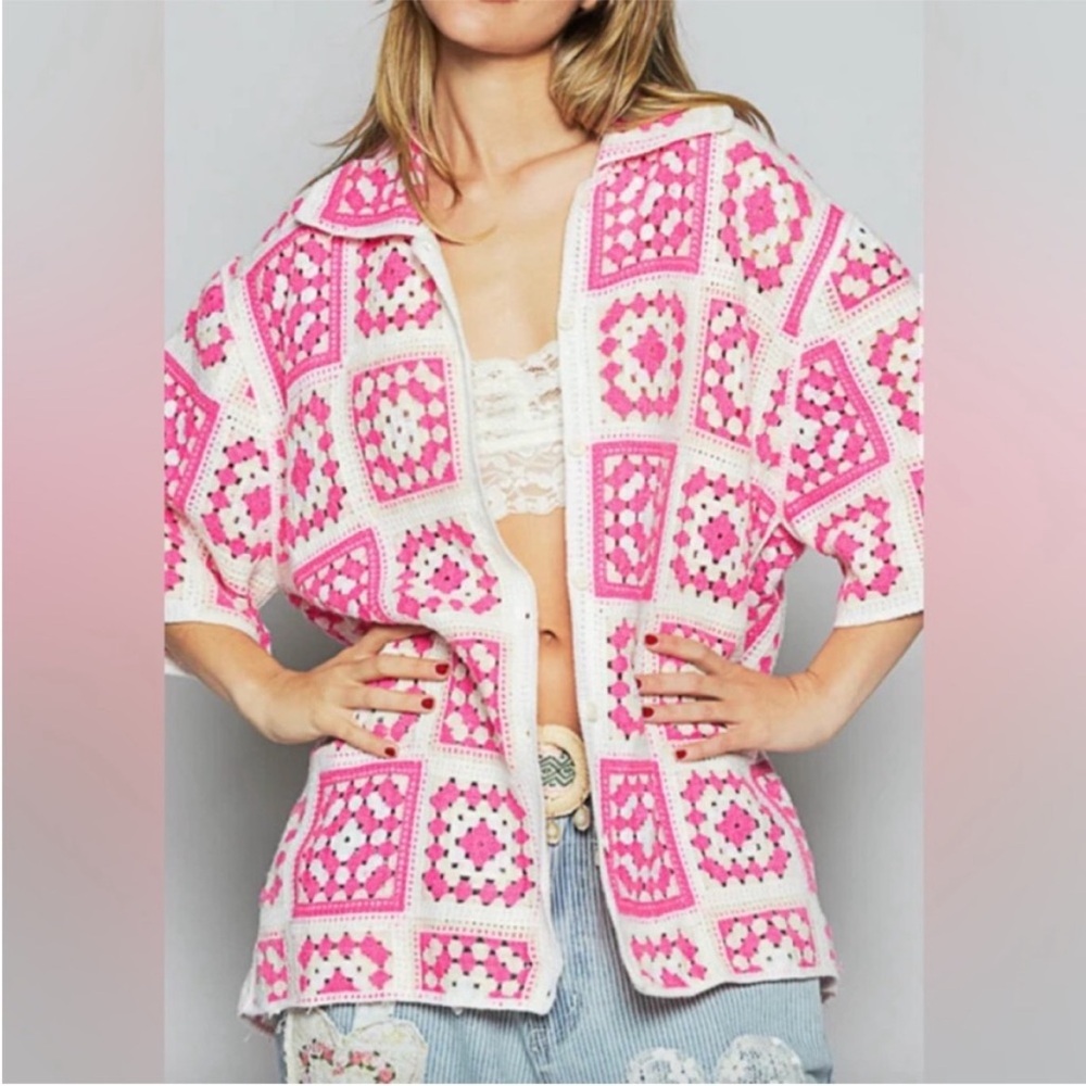 POL Pink and White Crochet Granny Square Cardigan